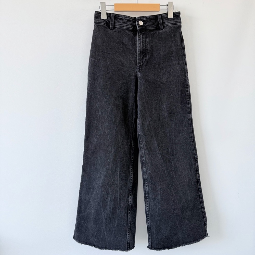 Mango Catherine Black High Rise Wide Leg Jeans Raw Hem Size 36 Minimalist - Picture 2 of 13